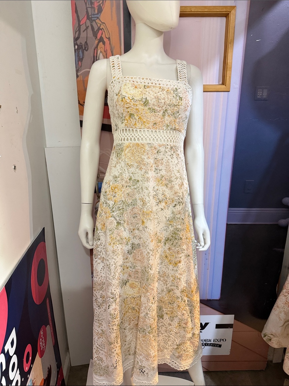 Zimmermann Cream Floral Midi Dress with Yellow & Green Accents